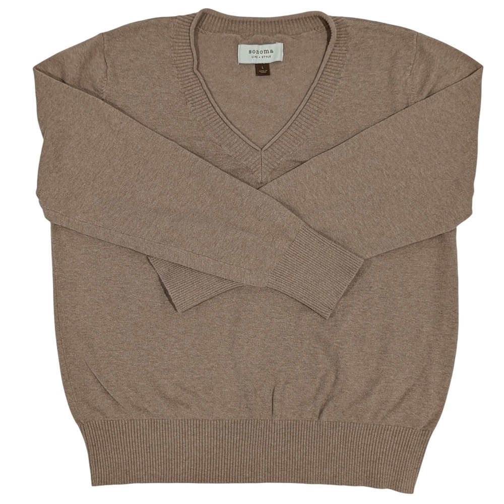 Khaki Minimalist Preppy Basic V Neck Long Sleeve Sweater Ribbed Waist Large - Picture 6 of 10